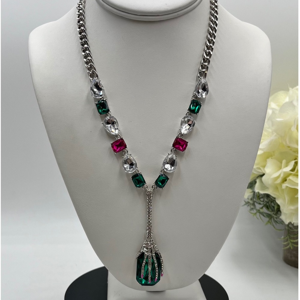 Betsey‎ Johnson "Rich Witch" Skeleton Pave Green Hand Necklace Halloween